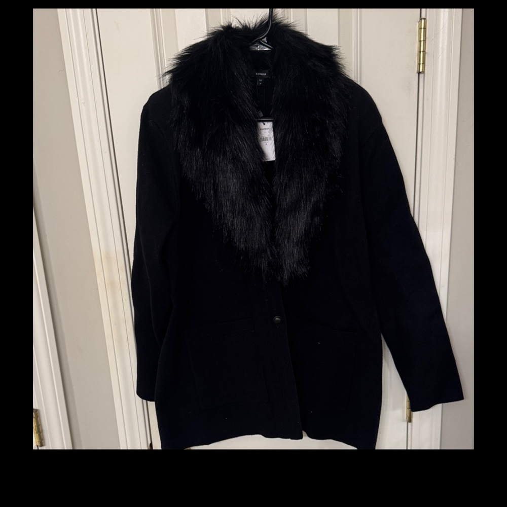 Express Elegant Black sweater Coat with removable Fur Trim